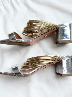Aquazzura Gold Braided Strap and Silver Block Heel Sandals